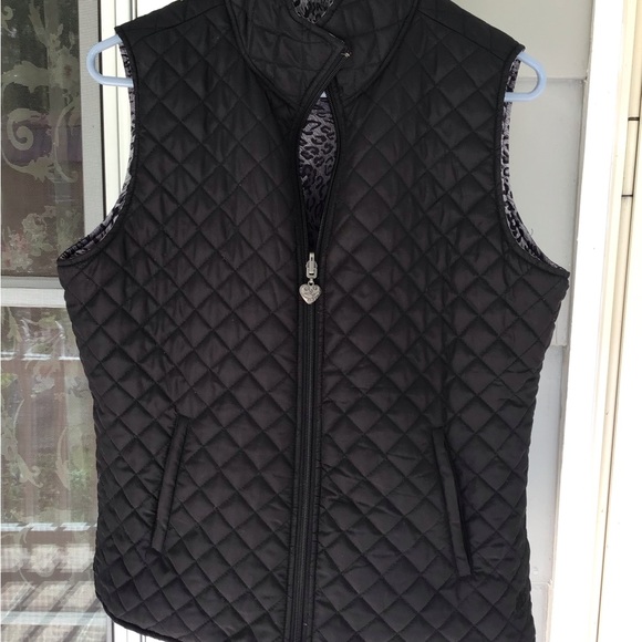 Womens Activology REVERSIBLE Small Quilt Puffer Vest Zip Black/gray Animal Print - Picture 13 of 16